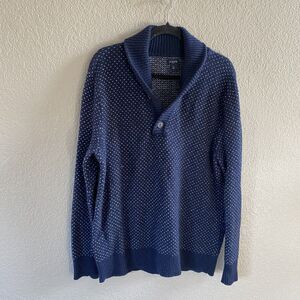 J Crew Sweater Mens Large Blue Wool  Birdseye Shawl Collar Pullover Preppy